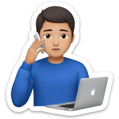 a asian handsome guy wearing a blue knit with white shirt, facepalming with only one hand, with a macbook, only upper body, high quality sticker