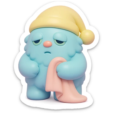 fluffy monster wearing a nightcap, holding a blanket, eyes drooping, soft lighting, vinyl figure style sticker