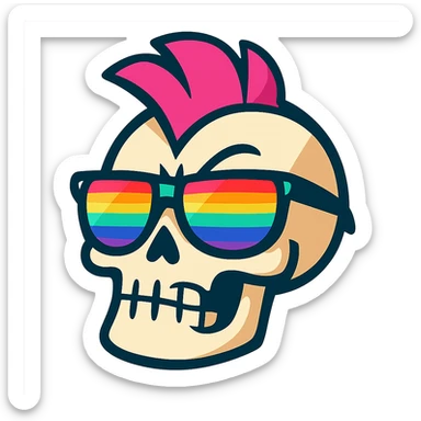 a sassy cartoon skull with a pink mohawk and rainbow sunglasses, vibrant toon style, for a gaming group sticker
