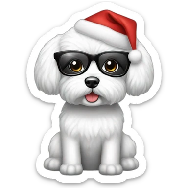 bichon dog-sitting-christmas hat-woman-black hair-glasses sticker