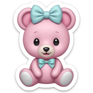A cute pink teddy bear emoji style, soft plush texture, big round eyes, a sweet smile, wearing a large bow on its head. The bow is pastel pink or white, and the teddy looks cuddly and friendly. Minimalist emoji-style design, clear outlines, centered, white background."
 sticker