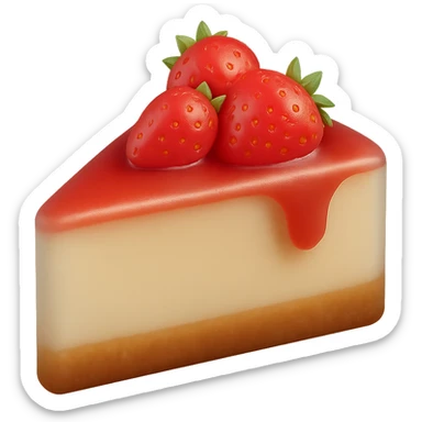 3D matte cheesecake slice, golden graham crust, creamy filling, topped with strawberry sauce and fresh strawberries, soft matte finish sticker