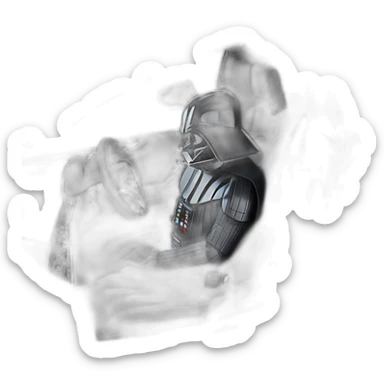 Darth Vader at the wheel of an open top all black Tesla Model 3, grey interior, view form outside sticker