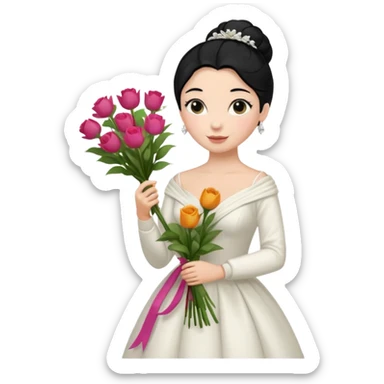 Chica blanca,cuerpo entero, vestido boda ,manga larga ,con estola, pelo negro,    ramo de flores una mano, pelo recogido en moño alto sticker