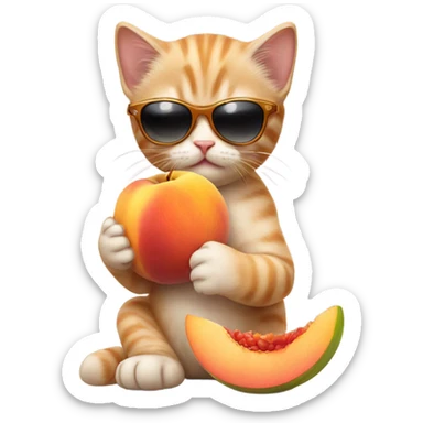 Cute kitten with sunglasses eating a peach sticker