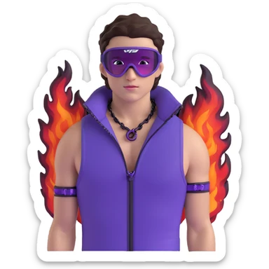 male athlete with white skin and moderately curly dark brown hair on top with shaved sides, wearing ski goggles with purple frames and very dark black lenses, a simple plain black chain necklace, and a completely unzipped sleeveless vest with purple and black sequin fire pattern design with no logo, fully revealing his chest, shoulders and arms, no earrings sticker