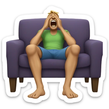 Man on a couch screaming in agony without shoes with very big feet sticker