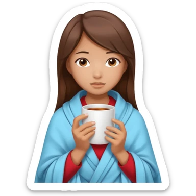 cute and sexy asian slightly tanned girl, brown hair, feeling sick, nose is red due to sickness, covered by blanket, holding tea mug in hands sticker