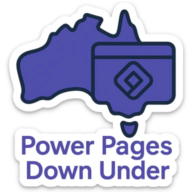 Update the text to 'Power Pages Down Under' in the same clean, modern font style below the map of Australia with the official Microsoft Power Pages icon overlay. Use #403DAD as the main color, no digital web overlay sticker