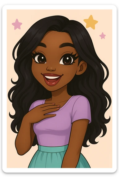 Change her expression to happy, keep her as a 20-year-old anime Bratz style woman with dark skin, dark hair, cute pastel Y2K look, big expressive eyes, and glossy lips. No tears. Maintain the anime Bratz style look. sticker