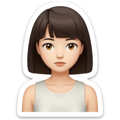 a short bob with bangs and dark brown hair. They have a calm expression, fair skin, and wear a sleeveless white cropped top sticker