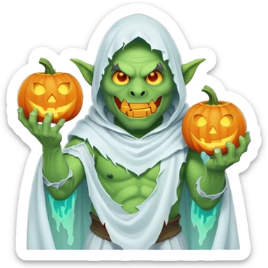 male orc ghost emoji, green skin, tusks, wearing torn white ghost sheet costume, holding glowing jack-o'-lantern, faint blue aura, friendly but spooky expression, Halloween fantasy theme, Apple emoji style, clean white background, square sticker