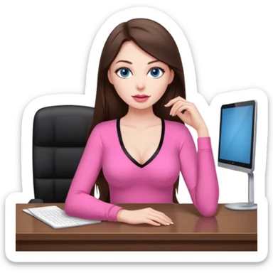 sexy woman brunette, very large breasts, pale skin, blue eyes, long brown hair, tight pink low cut  blouse, big pink lips, short black skirt. at desk sticker