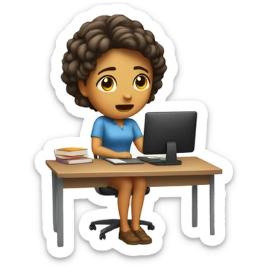 girl frusturated at her desk with hands on her head. full body with the desk included sticker