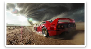 Cinematic still of a ferrari f40 around tornado od arizona desert, sun flare, captured by gopro hero with effect fisheye, water drops on car body, detailed, inspired by interstellar look sticker
