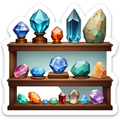 Icon for Mineral, Stone & Fossil Collecting: a display of various colorful minerals, gemstones, and fossils, arranged neatly on a table or shelf. The icon should reflect the beauty and scientific interest of collecting natural specimens. Transparent background. sticker