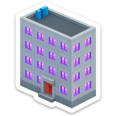 Russian panel apartment building, modernized square block, light gray, ultraviolet glowing windows, isometric view sticker