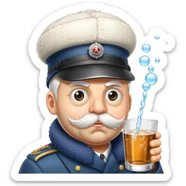 A very drunk locomotive train wearing a tilted ushanka hat, with crossed eyes, hiccuping vodka bubbles, spilling drink sticker