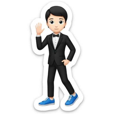 generate a pretty bratz fair skinned boy with short black hair wearing a black tux with blue sneakers sticker
