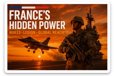 dramatic dusk shot of Rafale jet launching from Charles de Gaulle carrier with an orange sunset glow, foreground featuring a Foreign Legionnaire in desert camouflage holding a futuristic rifle, bold tricolor text 'FRANCE’S HIDDEN POWER' with subtext 'Nukes • Legion • Global Reach', epic composition, cinematic, 8K resolution sticker