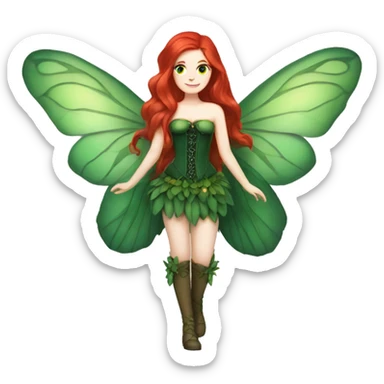 Fairy with long red hair pale skin deep green wings and green corset sticker