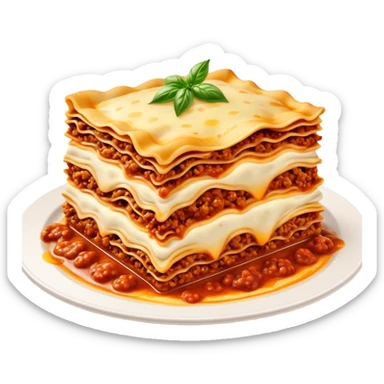 Lasagne alla Bolognese Cinematic Realistic Lasagne alla Bolognese Dish Emoji, depicted as a messy, layered pasta dish overflowing with melted cheese and rich meat sauce, rendered with hearty textures and warm, indulgent lighting. sticker