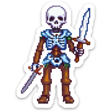 pixel art skeleton with a sword, retro game look, classic video game style sticker