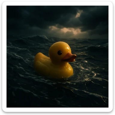 Cinematic still, Extreme Closeup shot of Yellow duck toy on ocean during storm, Camera from top, inspired by interstellar sticker