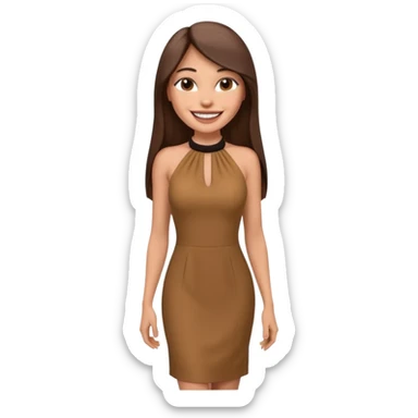 emoji-style illustration of a stylish pretty big smile woman with long straight brown hair, wearing a dark halter neck dress, elegant and chic slayed look, front-facing, soft 3D cartoon rendering, plain background sticker