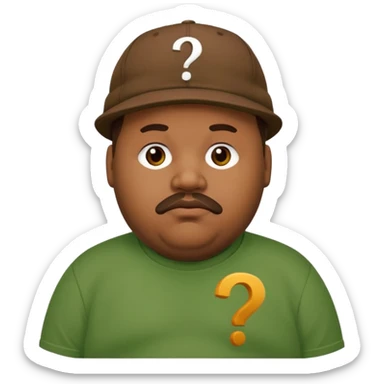 fat man with brown cap and green t shirt printeed a question mark sticker