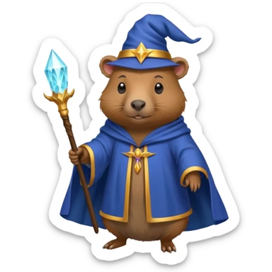 A mythical Queen Capybara wearing a wizard robe and a wand sticker