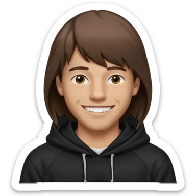 20 yr old man, brown hair, straight, big smile, white teeth, tanned skin, bangs, black hooded sweatshirt, long hair in back, center-parted bangs sticker