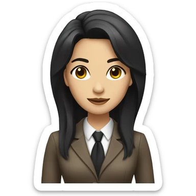 Female defense attorney with long black hair with brown suit sticker