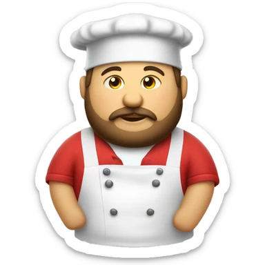 cook in a red polo shirt, with a beard, fat and a chef's hat sticker