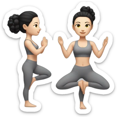 Pale skinned fit woman In a gray tight yoga suit and wristbands With black hair in a bun doing yoga sticker