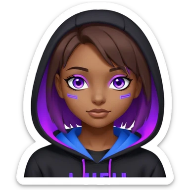 brown haired girl with a bob blue eyes wearing black hoody with violet letters "Lu", winks with one eye. Cyberpunk style. Violet neon. sticker