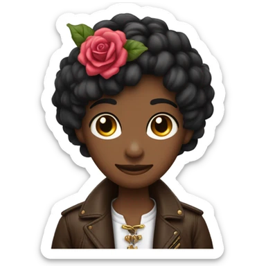 Quiero un emoji de una persona con un Pasamontañas negro que tiene el Contorno de los ojos rosas, lleva una chaqueta Azul vaquera y Un collar marrón claro y Tatuajes, también lleva guantes de cuero sticker