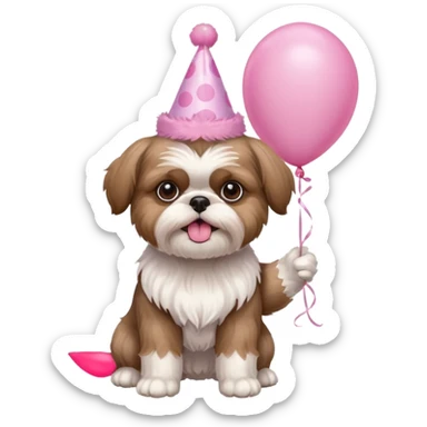 cute shih tzu hold a few pink balloons  in both arms with pink birthday hat sticker