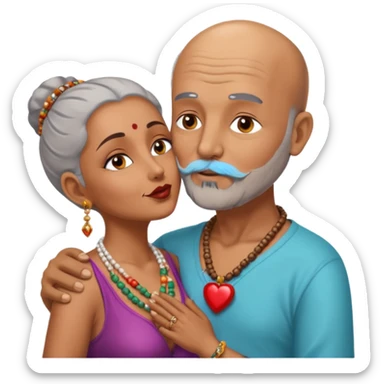 A man in his 60s balding with a grey beard passionately kissing the vagina  of an Indian woman in her 40s wearing a beads chain with here cleavage visible and embracing the man sticker