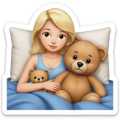 Blond Woman in bed with a big  bear sticker