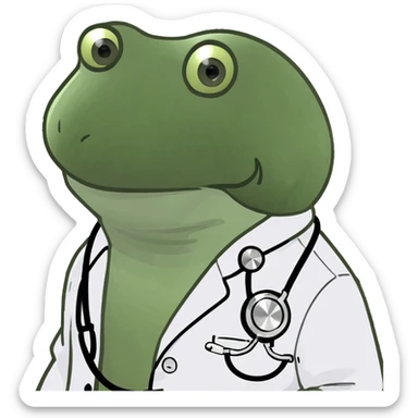 bufo frog meme style wearing a lab coat and stethoscope, pharmacology theme sticker