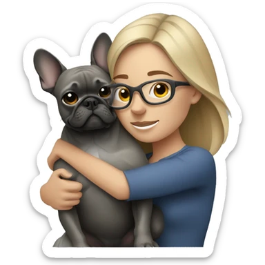 dark blonde woman with gray glasses hugging dark gray french bulldog sticker