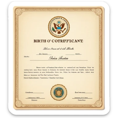 Birth certificate document with name, date of birth, and official seal sticker