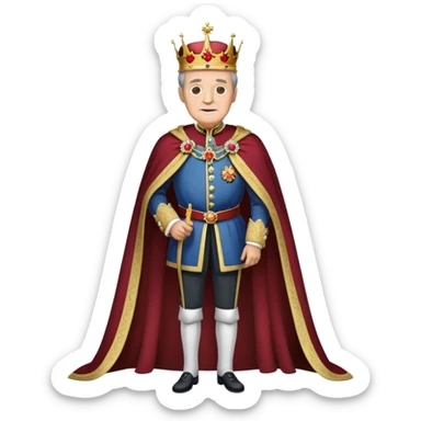 Full body of elderly, thin Carlos I of Spain with brown hair, Habsburg king standing in royal attire with crown, cape, and prominent jaw sticker