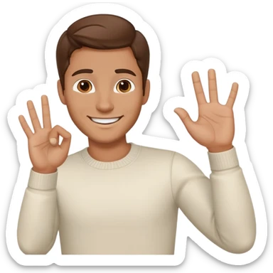 handsome man with brown hair, smiling, one hand gesturing in a welcoming way sticker