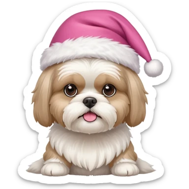 one little white all over shih tzu dog with pink santa hat  sticker