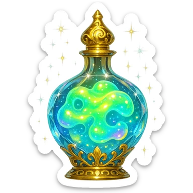 premium class crystal elixir bottle like liquid glowing slime, bright colors, lots of shine, edges, ornaments, golden details, magical effects, very small golden neck, transparent background, beautiful seamless bottom, bottle clearly floating in air, no base or shadow, very luxurious, playful, matching collection sticker