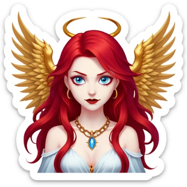extremely diabolical girl with massive towering wings, very long flowing blood red hair, glowing blue eyes, black hellfire aura, no horns, evil grin, gold necklace sticker