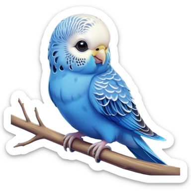 Cinematic Cute Blue Budgie Portrait Emoji, Head tilted playfully and inquisitively, featuring a brilliant blue feathered fur with a natural sheen, round, sparkling dark eyes filled with curiosity, Simplified yet irresistibly adorable features, highly detailed, glowing with a warm, friendly glow, high shine, affectionate and lively, stylized with a touch of whimsy, bright and endearing, soft glowing outline, capturing the essence of a mischievous yet loving budgie, so playful it feels like it could chirp out of the screen and into your arms! sticker