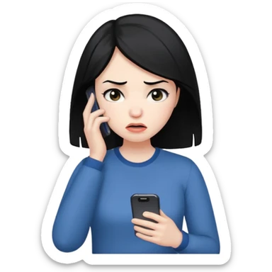 Woman with black hair upset at phone  sticker